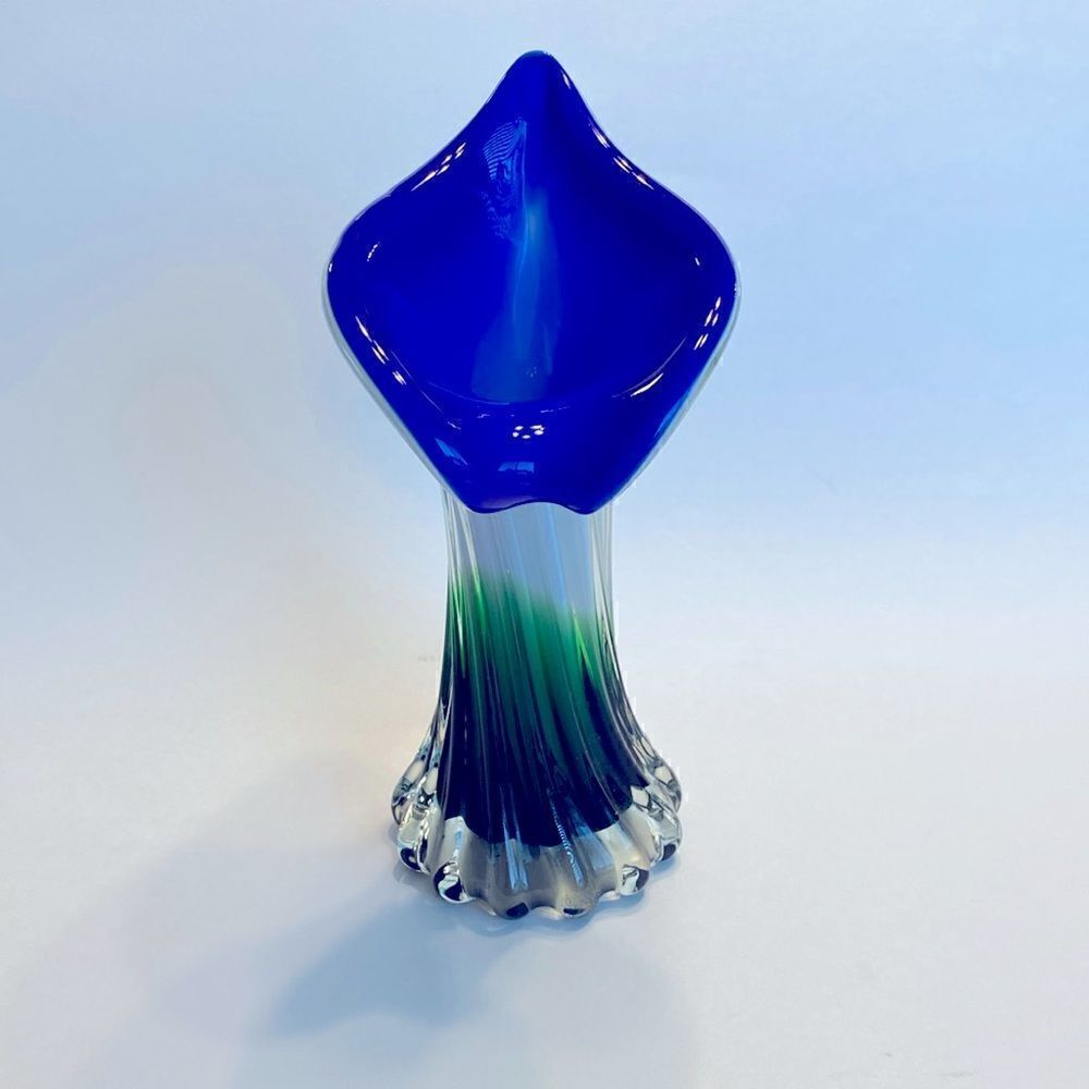 Hand Blown Art Glass Swirled Vase 8” Blue White Green